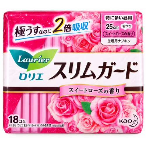 Ультратонкі гігієнічні прокладки Kao Laurier Slim Guard Sweet Rose з крильцями для рясних виділень, 25 см, 18 шт.
